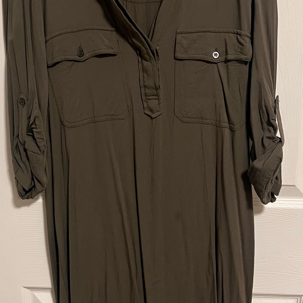 Dalia Long Sleeve Button-Pocket Tunic Dress - Olive